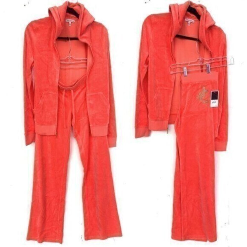 VTG Y2K Juicy Couture Velour Tracksuit 2 Piece Set Glam Jeweled Zip Hoodie Pants